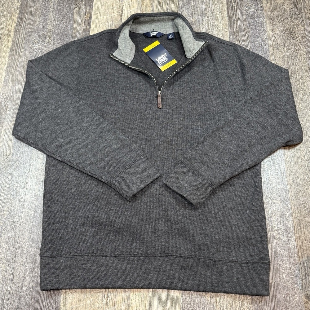 Lands End Long Sleeve Ribbed 1/4 Zip Pullover Sweater Men's Medium Dark Gray NWT
